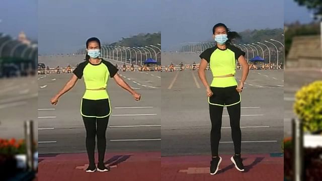 Myanmar Woman Does Aerobics As Military Coup Unfolds Behind Her | Watch