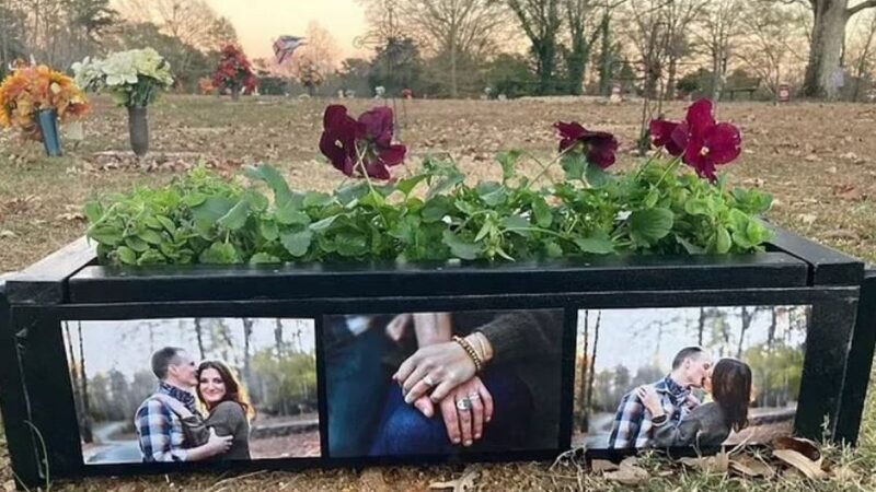 A man was arrested after planting flowers on his fiancée’s grave.